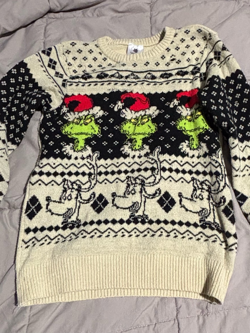 Holiday Grinch Knit Sweater with Max Motif - Cream, Black, Green, Red